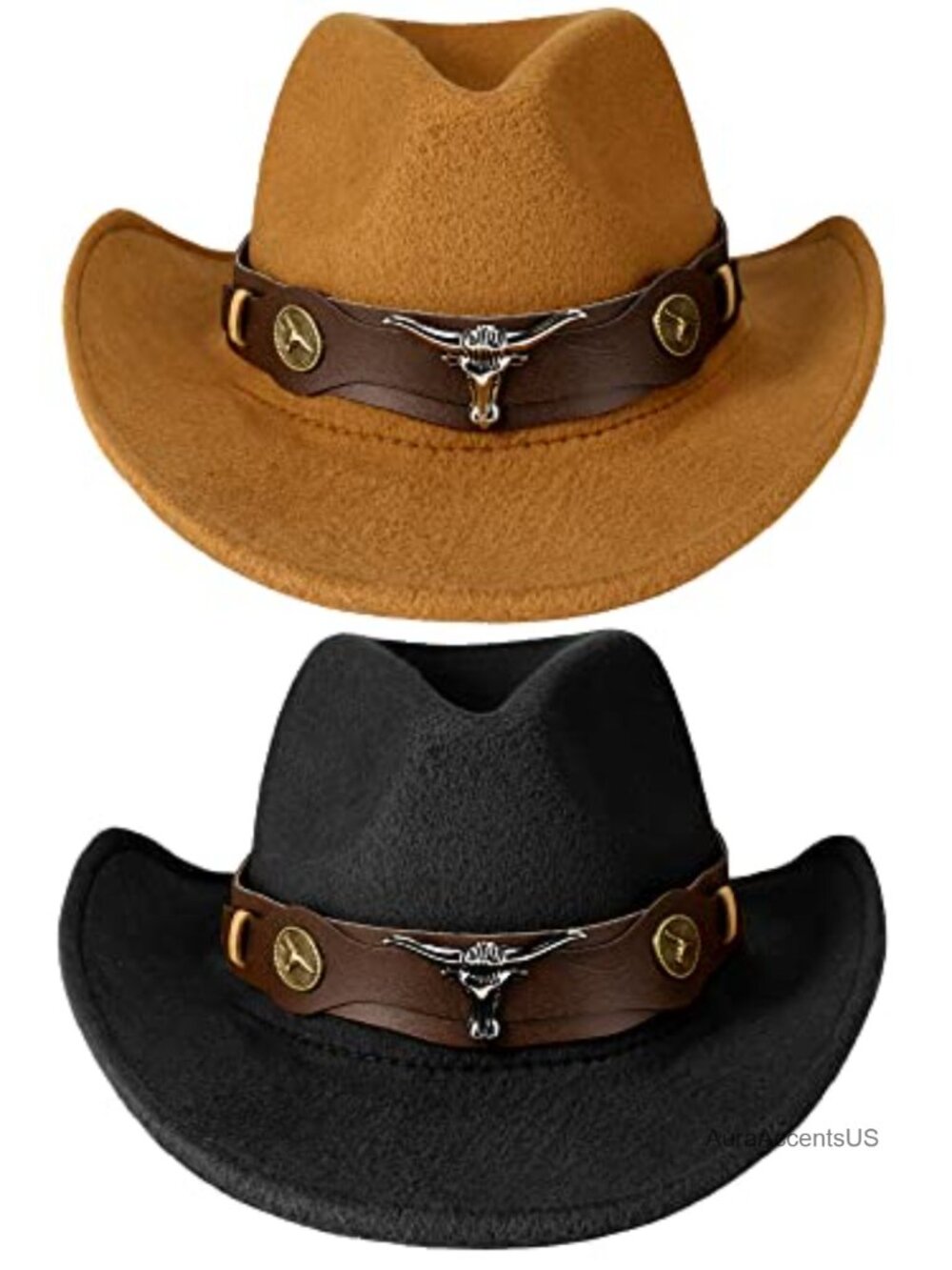 2 Pc Western Cowboy Hat Set Faux Leather Adjustable Wide Brim with Belt